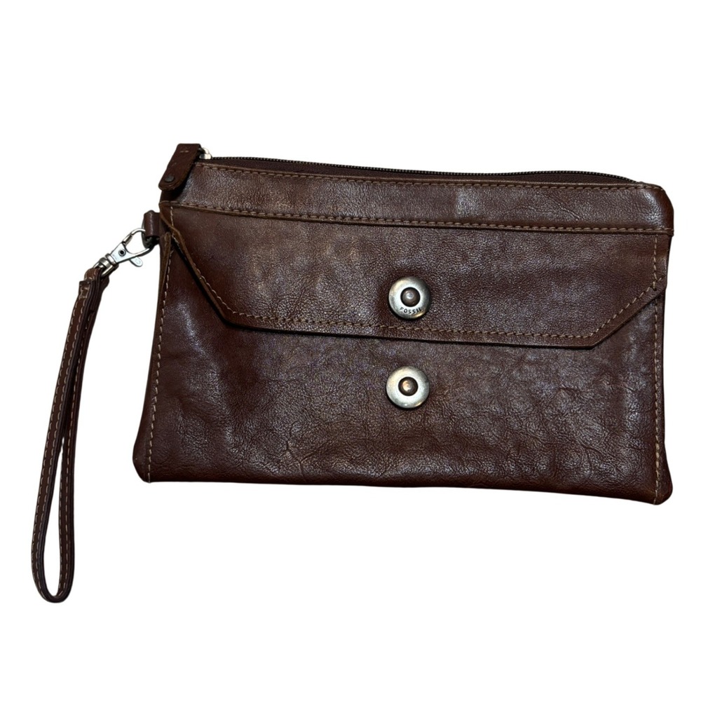 Fossil Brown Leather Wristlet‎ Pouch Clutch Wallet 152760 ML1987